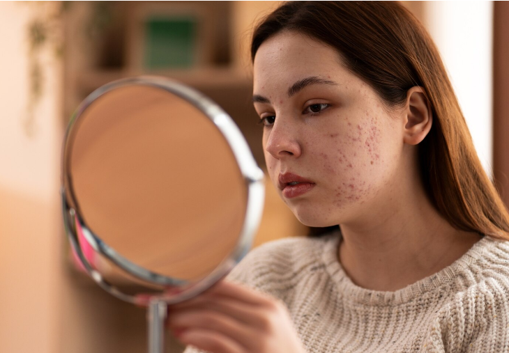 A young woman with acne looks deeply into a table top mirror.